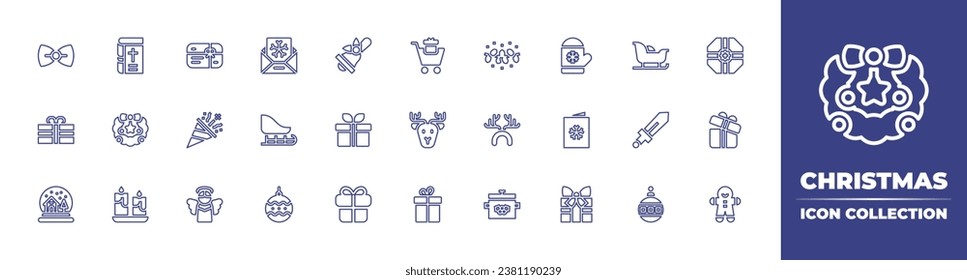 Christmas line icon collection. Editable stroke. Vector illustration. Containing bible, christmas lights, bell, boxing day, christmas wreath, deer horns, gift, gift box, candles, christmas day, ginger