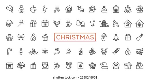 Christmas line icon collection. Holiday symbol. Outline Xmas icons set. Santa claus, gift, angel, box, bow, bell, christmas tree, fireworks, snow, snowman, bag and more
