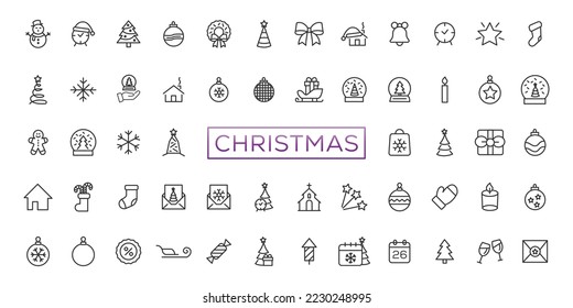 Christmas line icon collection. Holiday symbol. Outline Xmas icons set. Santa claus, gift, angel, box, bow, bell, christmas tree, fireworks, snow, snowman, bag and more