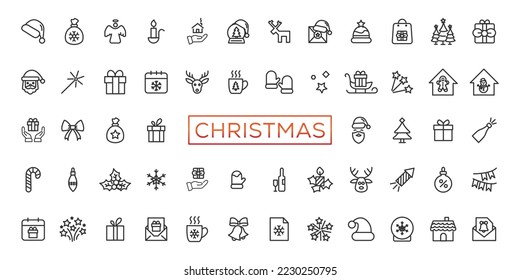 Christmas line icon collection. Holiday symbol. Outline Xmas icons set. Santa claus, gift, angel, box, bow, bell, christmas tree, fireworks, snow, snowman, bag and more