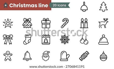 Christmas line icon collection. Thin outline icons pack. Christmas Tree, Santa head, Face, Hat, Snowflake, Gift Box, Baubles, Gingerbread Man, Wrapped Candy, Reindeer, Bow, and more - stock vector.