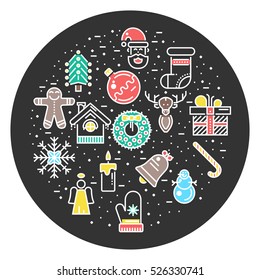 Christmas Line Icon Color concept, Vector Logo Collection Set, Mono Pictograms. Poster, Banner, Header Or Web Design Illustration. Santa Claus, Present, Deer, Sweets, Snowman, Snowflake, Mittens
