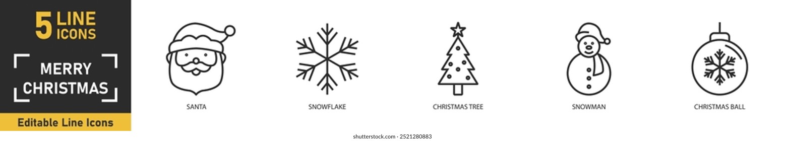 Christmas line icon set. Set of 5 outline icons related to santa, snow, christmas tree, snowman, christmas ball and more. Vector illustration.