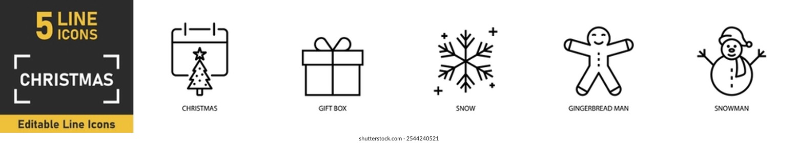 Conjunto de iconos de línea de Navidades. Conjunto de 5 iconos de contorno relacionados con Navidades, caja de regalo, nieve, hombre de jengibre, muñeco de nieve y más. Ilustración vectorial.