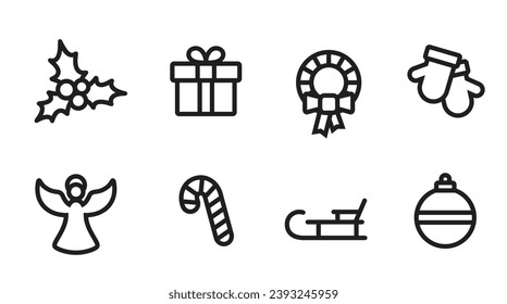 christmas line icon set. angel, sleigh, gift, holly berry, winter gloves, christmas wreath and candy. vector images for New Year and winter design