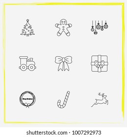 Christmas line icon set bow, wreath and candy etc