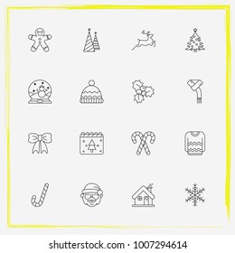 Christmas line icon set bow, calendar and mistletoe etc