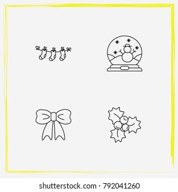 Christmas line icon set bow, sock and snowball