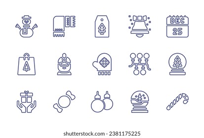 Christmas line icon set. Editable stroke. Vector illustration. Containing december, price tag, snowglobe, mitten, candy cane, baubles, snowman, christmas bell, shopping bag, lights, boxing day.