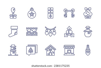 Christmas line icon set. Editable stroke. Vector illustration. Containing boxing day, christmas sock, snowman, chocolate bar, garland, gingerbread house, ball, muffin, christmas market, message.