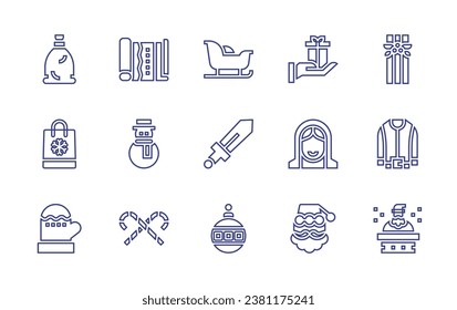 Christmas line icon set. Editable stroke. Vector illustration. Containing bag, christmas, mitten, sledge, sword, christmas ball, gift wrap, gift, snowman, santa, candy cane, santa claus, gift box.