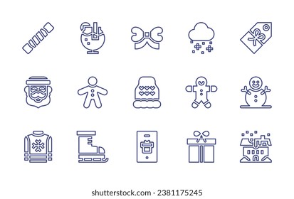 Christmas line icon set. Editable stroke. Vector illustration. Containing cracker, santa claus, sweater, snowing, gingerbread man, gift box, bow, winter hat, phone, label, snowman, mulled wine, house.