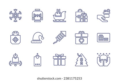 Christmas line icon set. Editable stroke. Vector illustration. Containing sweater, christmas hat, gift tag, sledge, rocket, gift, gift card, snow ball, present, percent, shopping bag, bell, snowflake.