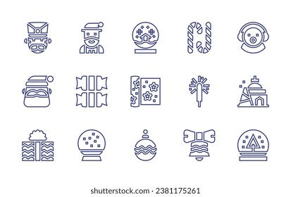 Christmas line icon set. Editable stroke. Vector illustration. Containing snowball, wrapping paper, christmas ball, nutcracker, snowman, santa claus, bank, christmas present, candy cane, fireworks.