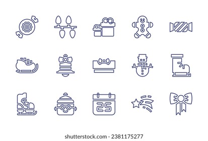 Christmas line icon set. Editable stroke. Vector illustration. Containing christmas lights, christmas bell, man, gifts, gift, calendar, candy, snow boot, ribbon, gingerbread man, snowman.