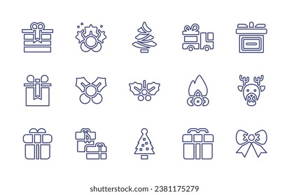 conjunto de iconos de la línea de Navidad. Trazo editable. Ilustración vectorial. Conteniendo árbol de navidad, mistletoe, regalo, hoguera, paquete, caja de regalo, ciervo, cinta.