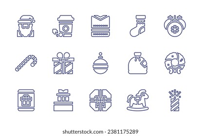 Christmas line icon set. Editable stroke. Vector illustration. Containing sweater, christmas ball, gift, santa claus, bauble, candy cane, christmas wreath, christmas sock, gift bag, rocking horse.