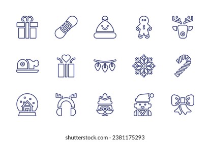 Christmas line icon set. Editable stroke. Vector illustration. Containing christmas hat, lights, nutcracker, snowboard, gift, earmuffs, gingerbread man, snowflake, elf, deer, present, candy cane.