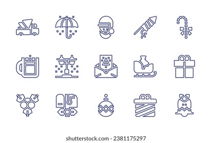 Christmas line icon set. Editable stroke. Vector illustration. Containing santa claus, christmas card, christmas ball, umbrella, street light, mailbox, firework, sled, gift, candy, truck, eggnog.