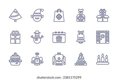 Christmas line icon set. Editable stroke. Vector illustration. Containing bag, boxing day, christmas sweater, christmas tree, teddy, gift, bell, man, angel, gift box, door, elf, candle, snowman.