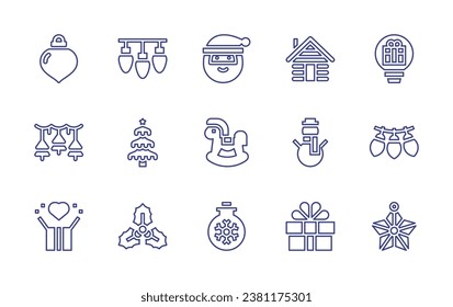Weihnachtssymbol-Set. Bearbeitbarer Strich. Vektorgrafik. Mit Weihnachtsgeschmack, Idee, Garten, Glühbirne, Geschenk, Stern, Weihnachtsleuchten, Weihnachtsbaum, Misteloe, Weihnachtsmann.