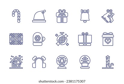 Christmas line icon set. Editable stroke. Vector illustration. Containing candy cane, gift, house, fireworks, bell, present, snow ball, disco ball, santa hat, mitten, ice skate, earmuffs.