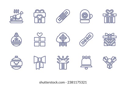 Christmas line icon set. Editable stroke. Vector illustration. Containing roast chicken, christmas ball, mitten, snowboard, bell, snowing, gift, bow, present, gift box, mistletoe.