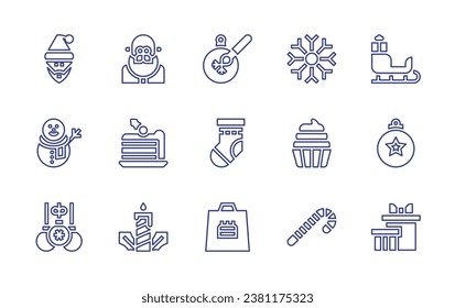 Christmas line icon set. Editable stroke. Vector illustration. Containing santa claus, sleigh, snowman, bauble, christmas balls, gift, chocolate cake, candle, christmas sock, gift bag, snowflake.