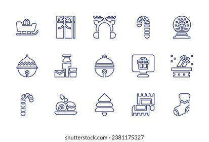Christmas line icon set. Editable stroke. Vector illustration. Containing sleigh, bauble, candy cane, earmuffs, jingle bell, pine tree, christmas present, snow ball, milk, chimney, roll cake.
