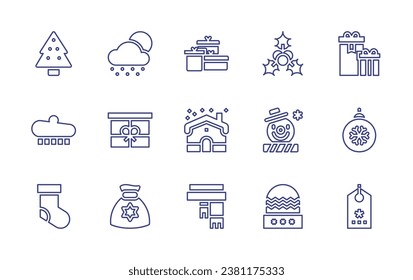Christmas line icon set. Editable stroke. Vector illustration. Containing christmas tree, gifts, hat, bauble, christmas sock, label, snowing, gift, bag, mistletoe, snowman, house, winter hat, scarf.