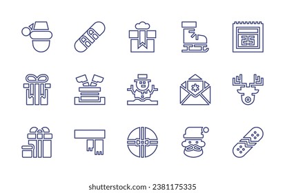 Christmas line icon set. Editable stroke. Vector illustration. Containing present, snowman, boxing day, ice skate, invitation, santa claus, christmas cap, gift, presents, snowboard, santa, scarf, th.