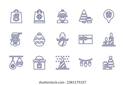 conjunto de iconos de la línea de Navidad. Trazo editable. Ilustración vectorial. Conteniendo a la Sra. claus, snowman, árbol de navidad, bolsa de regalo, santa claus, regalo, baubles, luz, marcador de posición, vela, bolsa de compras, navidad.