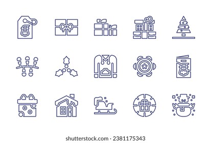Christmas line icon set. Editable stroke. Vector illustration. Containing tag, christmas tree, christmas lights, greeting card, gift, snowman, vip card, gifts, mistletoe, tambourine, hoodie, house.