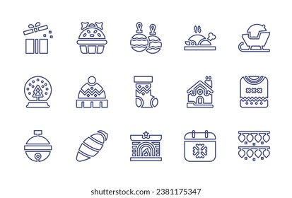 Christmas line icon set. Editable stroke. Vector illustration. Containing present, sleigh, snowball, sweater, bell, christmas lights, muffin, winter hat, bauble, christmas, fireplace, roast chicken.