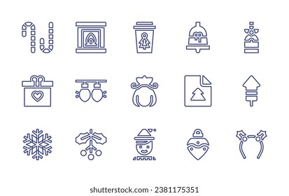 Christmas line icon set. Editable stroke. Vector illustration. Containing fireplace, light, mistletoe, coffee cup, champagne, sack, fireworks, boy, headband, bell, christmas card, christmas ornament.