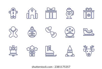 Christmas line icon set. Editable stroke. Vector illustration. Containing christmas day, christmas ball, gift box, gift, candies, ice skate, sleigh, reindeer, mulled wine, snow globe, dwarf.