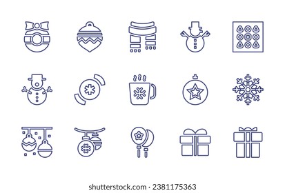 Christmas line icon set. Editable stroke. Vector illustration. Containing scarf, snowman, xmas, bauble, present, gift, christmas wreath, ball, candy, christmas decoration.