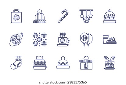 Christmas line icon set. Editable stroke. Vector illustration. Containing candy cane, hot drink, winter hat, star, balloons, christmas present, shopping bag, bauble, christmas sock, snow, king cake.