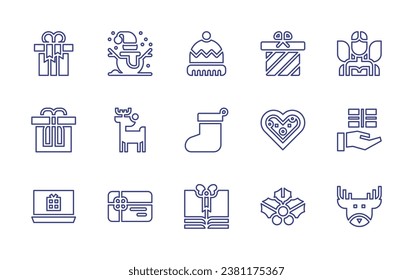 Christmas line icon set. Editable stroke. Vector illustration. Containing winter hat, christmas sock, book, snowman, reindeer, gift card, gift, gingerbread, mistletoe, fairy, hand gesture, present.