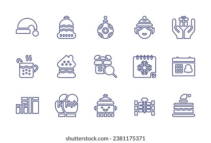 Christmas line icon set. Editable stroke. Vector illustration. Containing santa hat, tea, boxes, christmas ball, gift, man, beanie, gift box, gingerbread house, calendar, mitten, christmas present.