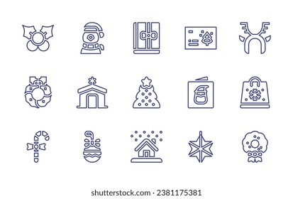 conjunto de iconos de la línea de Navidad. Trazo editable. Ilustración vectorial. Con navidad, pingüino, tarjeta de saludo, pesebre, estrella, bola, regalo, árbol de navidad, casa de jengibre.