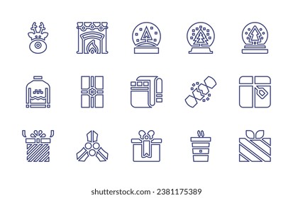 Christmas line icon set. Editable stroke. Vector illustration. Containing snow globe, snow ball, blanket, christmas, christmas present, hot drink, reindeer, sweater, box, fireplace, gift, mistletoe.