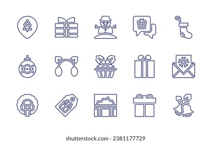 Christmas line icon set. Editable stroke. Vector illustration. Containing snowman, cake, coffer, placeholder, sock, bauble, christmas card, christmas wreath, chat, gift, bells, earmuffs.