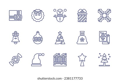 Christmas line icon set. Editable stroke. Vector illustration. Containing mistletoe, snowman, card, christmas tree, city, gift, christmas present, bell, sack, candy, star, christmas wreath. 