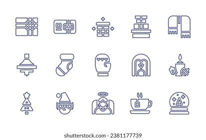 Christmas line icon set. Editable stroke. Vector illustration. Containing gift, spinning top, christmas tree, penguin, tea cup, chimney, gloves, angel, scarf, candle, gift card, snow globe, socks.