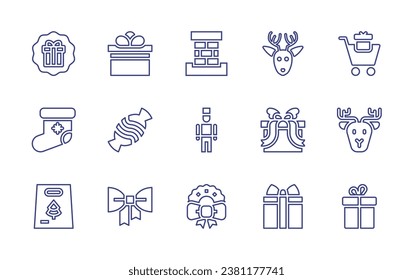 Christmas line icon set. Editable stroke. Vector illustration. Containing chimney, nutcracker, wreath, christmas cap, christmas present, gift, badge, christmas sock, gift bag, candy, ribbon, cart.