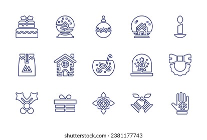 Christmas line icon set. Editable stroke. Vector illustration. Containing christmas ball, gingerbread, gift, candle, punch, christmas wreath, poinsettia, glove, snowball, christmas, cake, package.