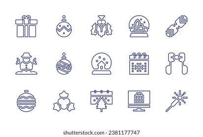Christmas line icon set. Editable stroke. Vector illustration. Containing mistletoe, snowball, calendar, christmas, computer, gift, snowman, bauble, christmas ball, snowboard, earmuffs, firework.