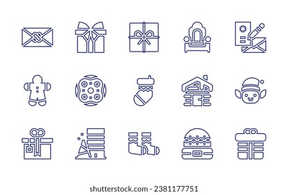 Christmas line icon set. Editable stroke. Vector illustration. Containing christmas card, gingerbread, present, chair, cabin, winter hat, gift, letter, cake, sock, elf, building, socks.