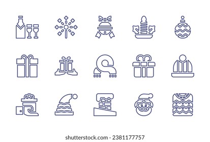 Christmas line icon set. Editable stroke. Vector illustration. Containing fireworks, present, santa hat, sleigh bell, christmas ball, scarf, hat, chimney, sweater, candle light, gift, santa claus.